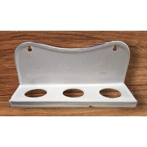 Vintage Enameled Metal Shelf Rack White with Blue Trim 3 Holes for Containers